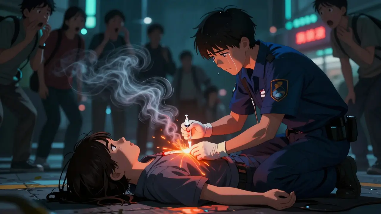 Ambulancier administre du naloxone à une personne en surdose d'opioïdes, énergie lumineuse émergente.