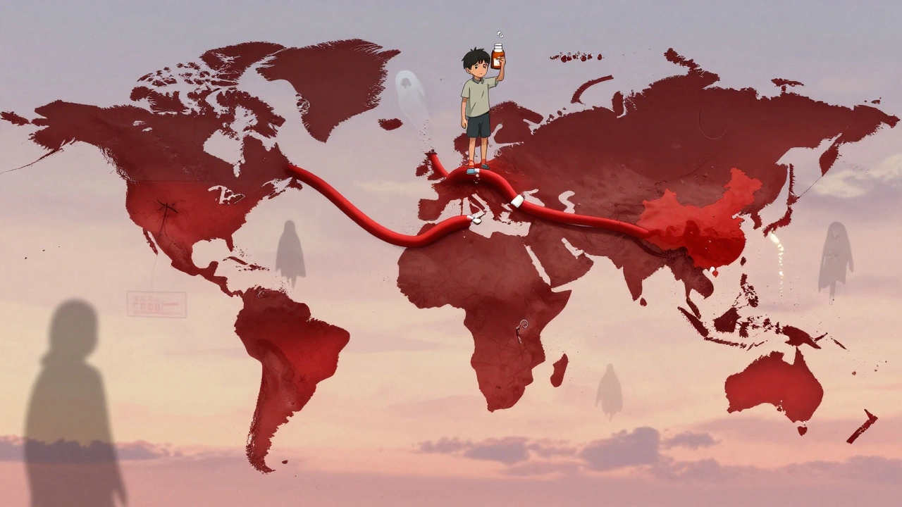 Carte mondiale montrant les chaînes d&#039;approvisionnement en médicaments depuis la Chine, avec des comprimés qui se désintègrent.