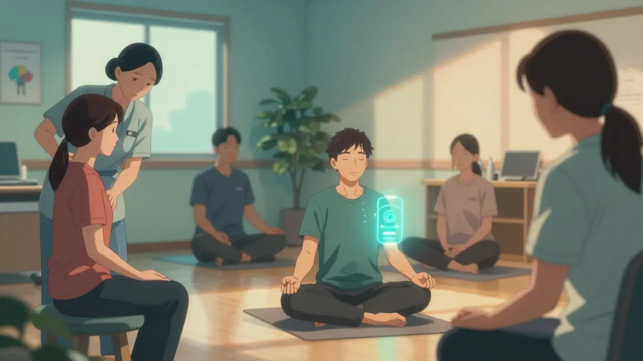 Clinique de douleur multidisciplinaire : patients en thérapie, méditation et écoute, dans une ambiance apaisante.