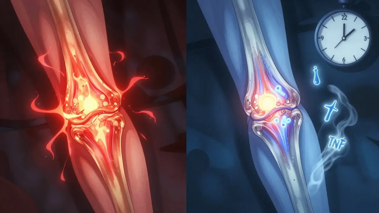 Comparaison visuelle d'une articulation enflammée et apaisée après injection, avec symboles inflammatoires qui disparaissent.