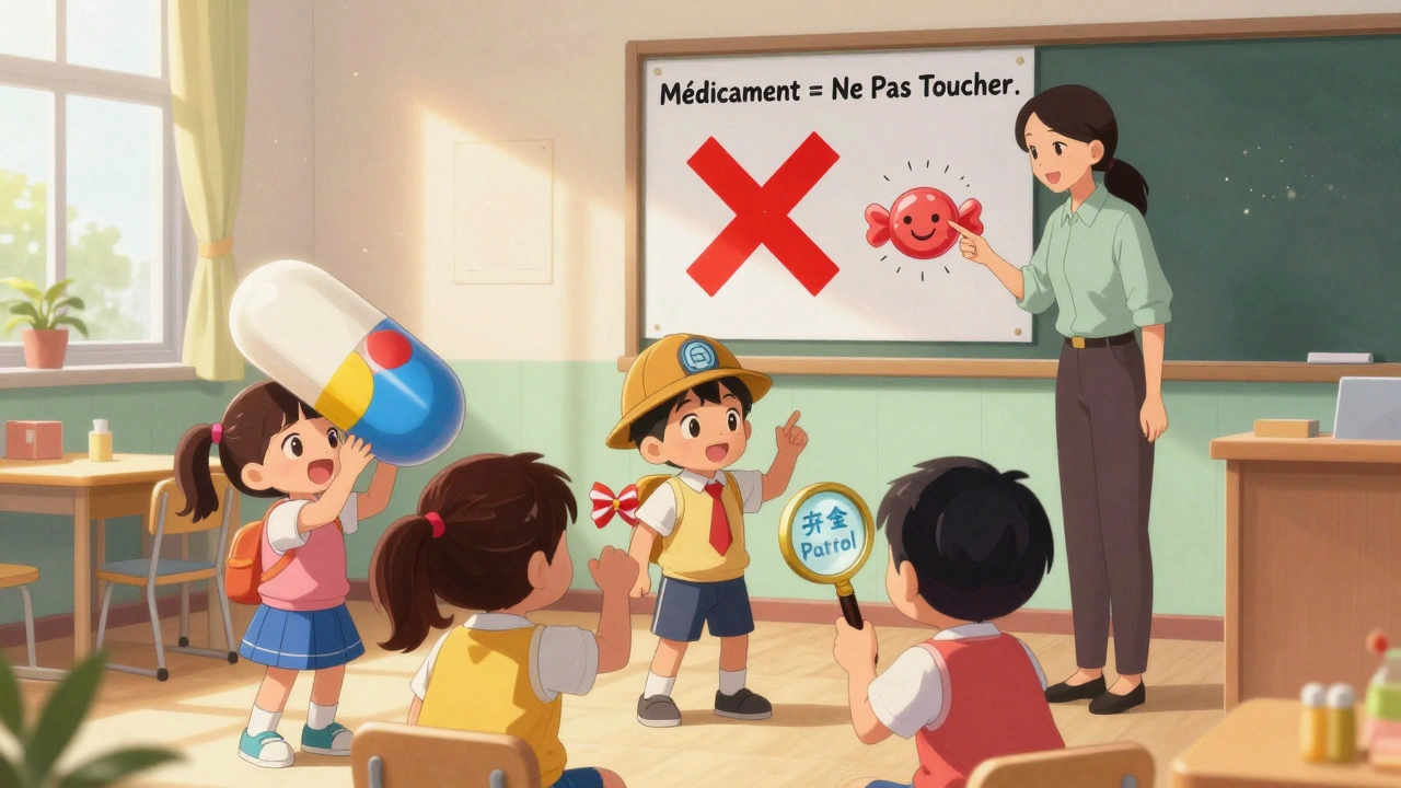 Des enfants en classe jouent à un jeu de rôle pour identifier les médicaments et les bonbons.