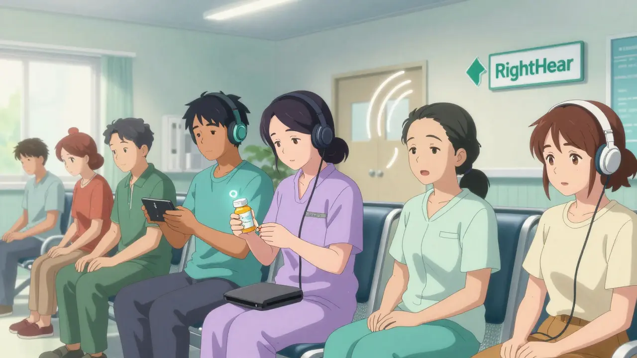 Des patients dans une salle d&#039;attente utilisent des outils audio pour accéder à leurs informations médicales, dans un hôpital lumineux.