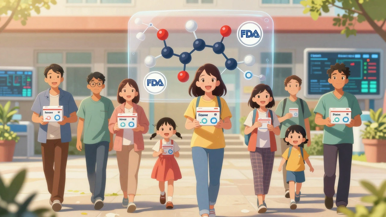 Des patients heureux dans une cour d’hôpital, tenant des boîtes de médicaments avec des symboles identiques.