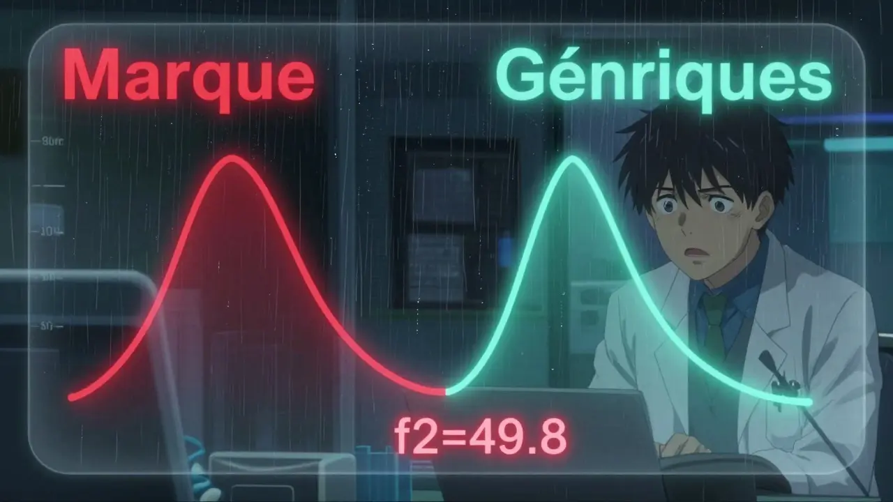 Deux courbes de dissolution comparées, l'une rouge et l'autre verte, avec un chiffre f2 en rouge.
