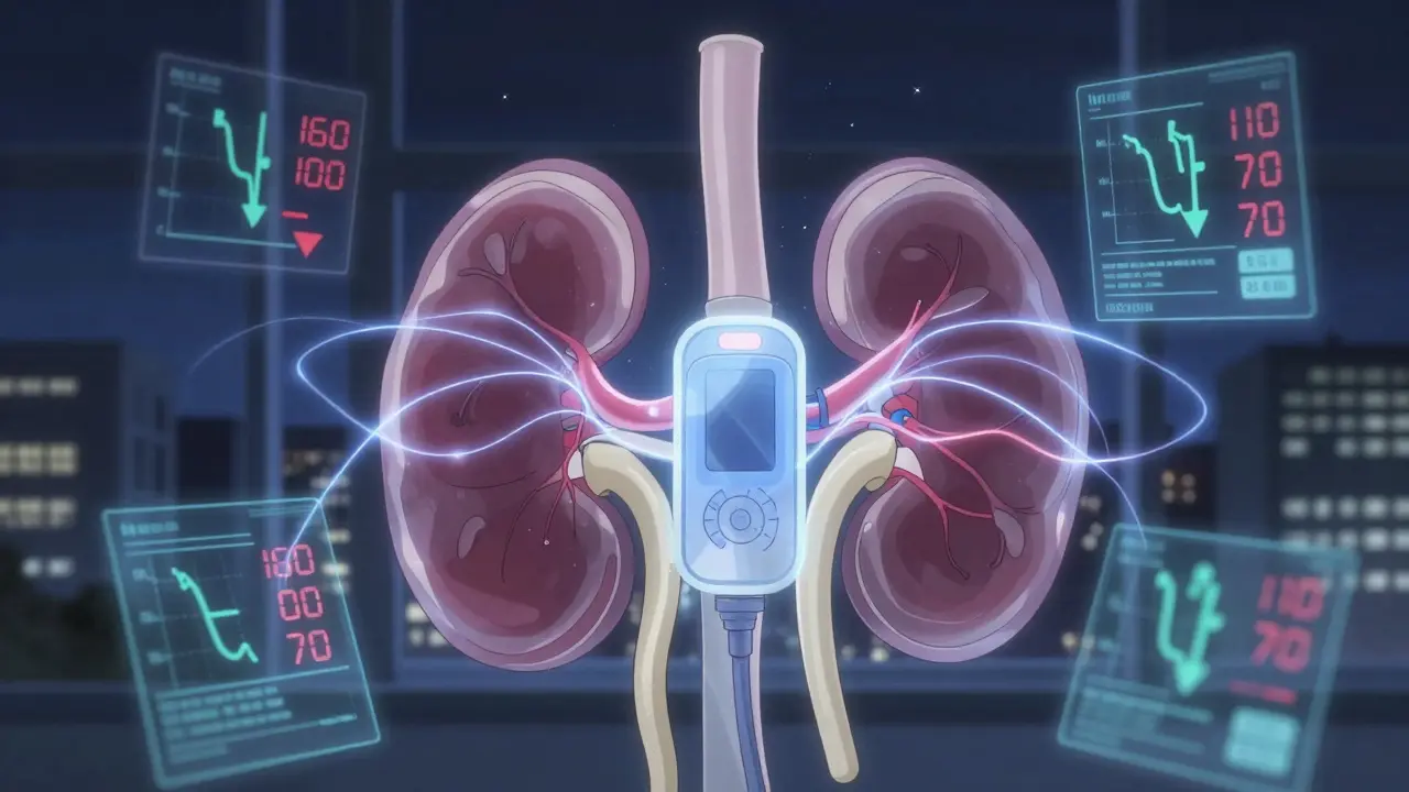 Dispositif implantable dénervant le rein, émettant des ondes d'énergie pour réduire la pression artérielle.