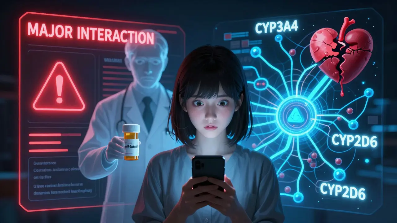 Écran split montrant une alerte WebMD et des voies biochimiques brillantes, une femme regardant son téléphone avec un médecin fantôme derrière elle.