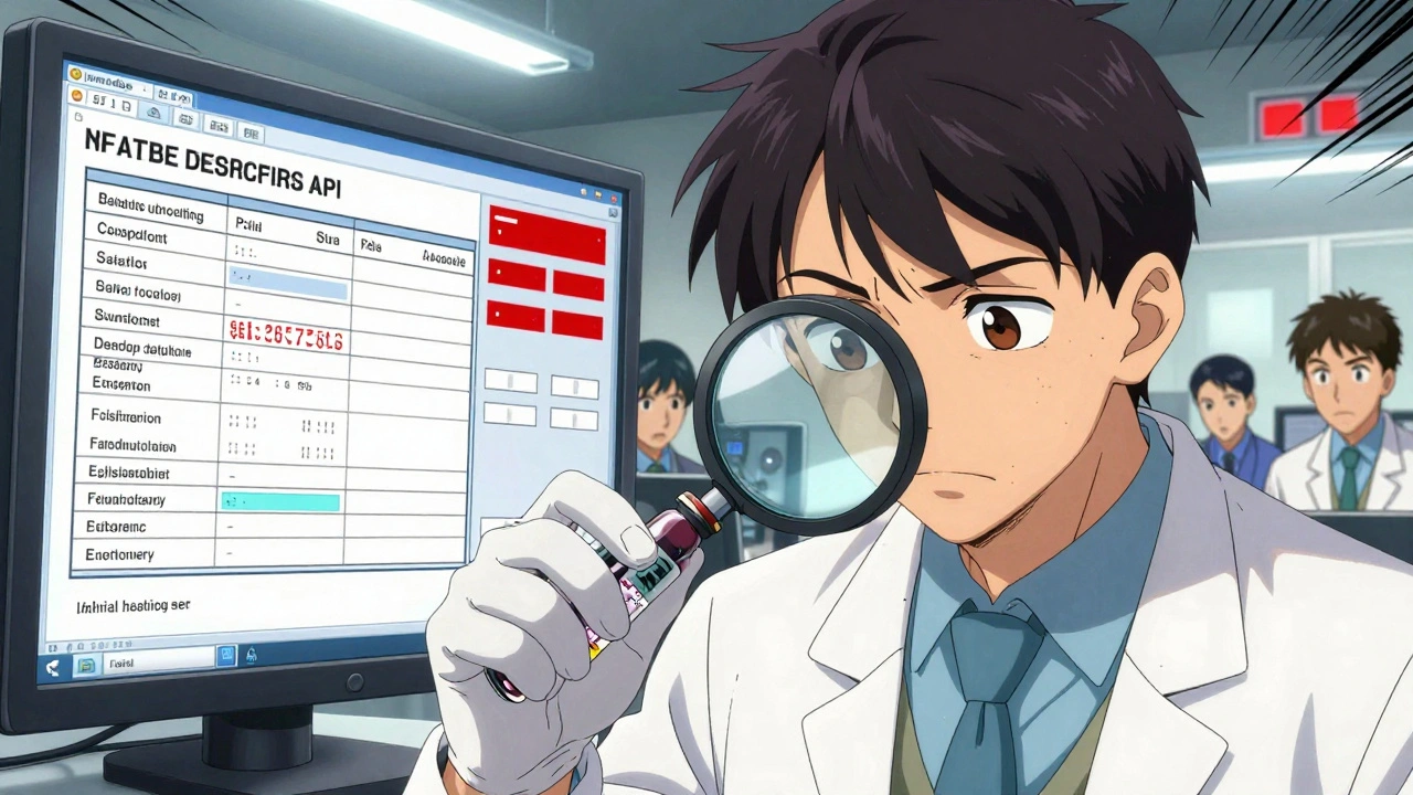 Inspecteur de la FDA examinant un échantillon contaminé tandis que des données falsifiées disparaissent à l&#039;arrière-plan.