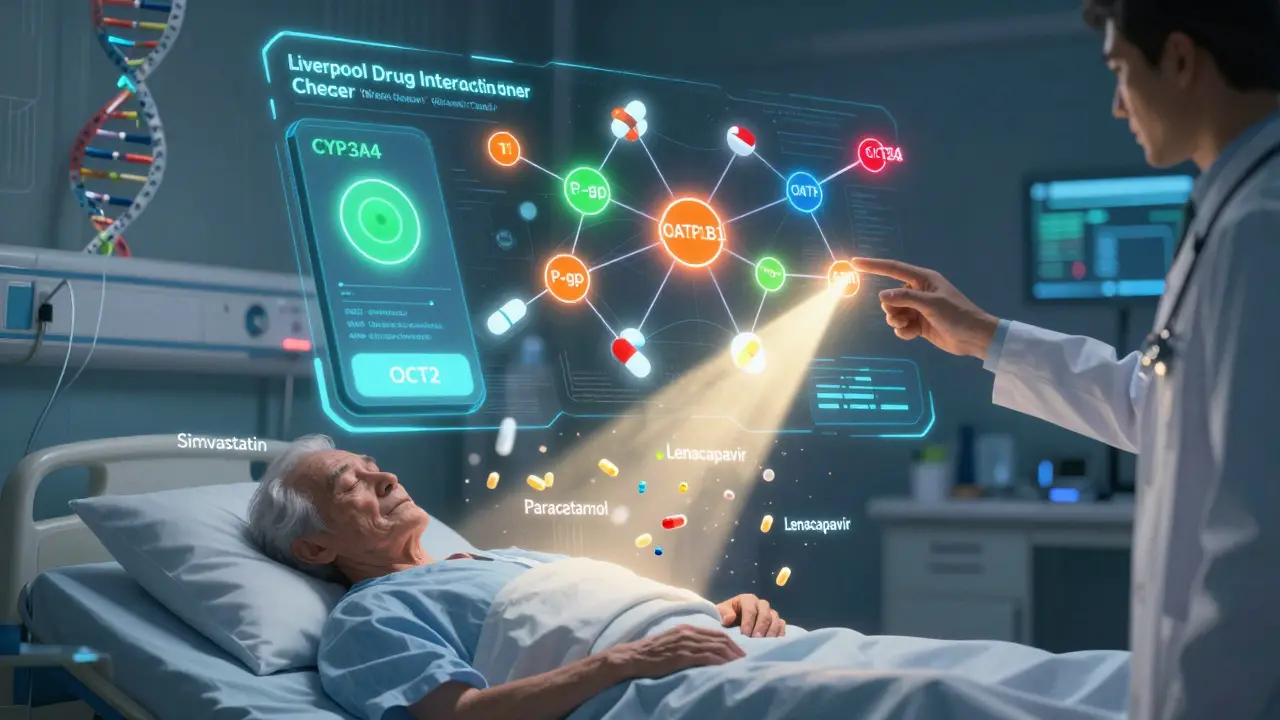 Interface numérique affichant des alertes de interactions médicamenteuses au-dessus d'un patient âgé entouré de plusieurs comprimés.