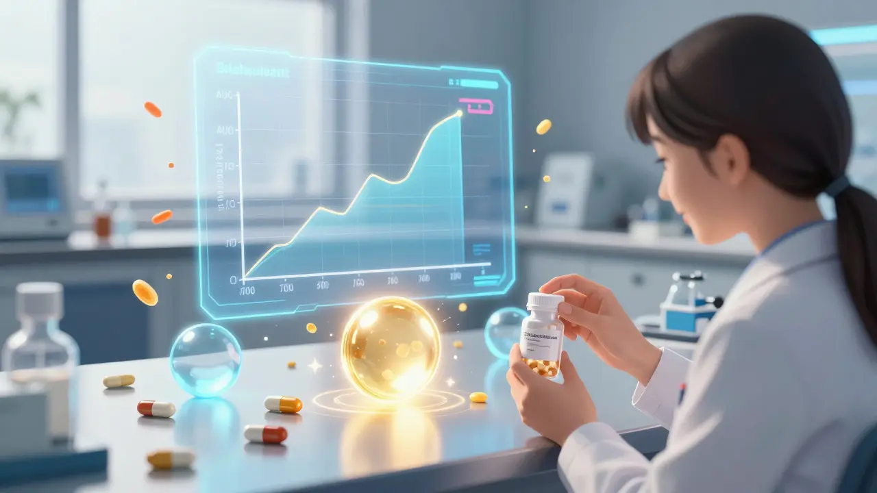 Laboratoire futuriste avec des hologrammes analysant des profils de dissolution et un patient tenant un médicament.