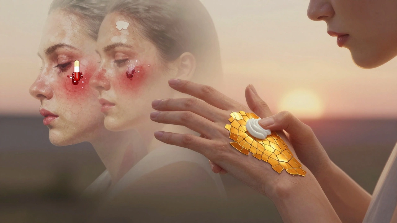 Main appliquant une crème réparatrice sur une peau endommagée, avec des lumières dorées qui réparent la barrière cutanée.