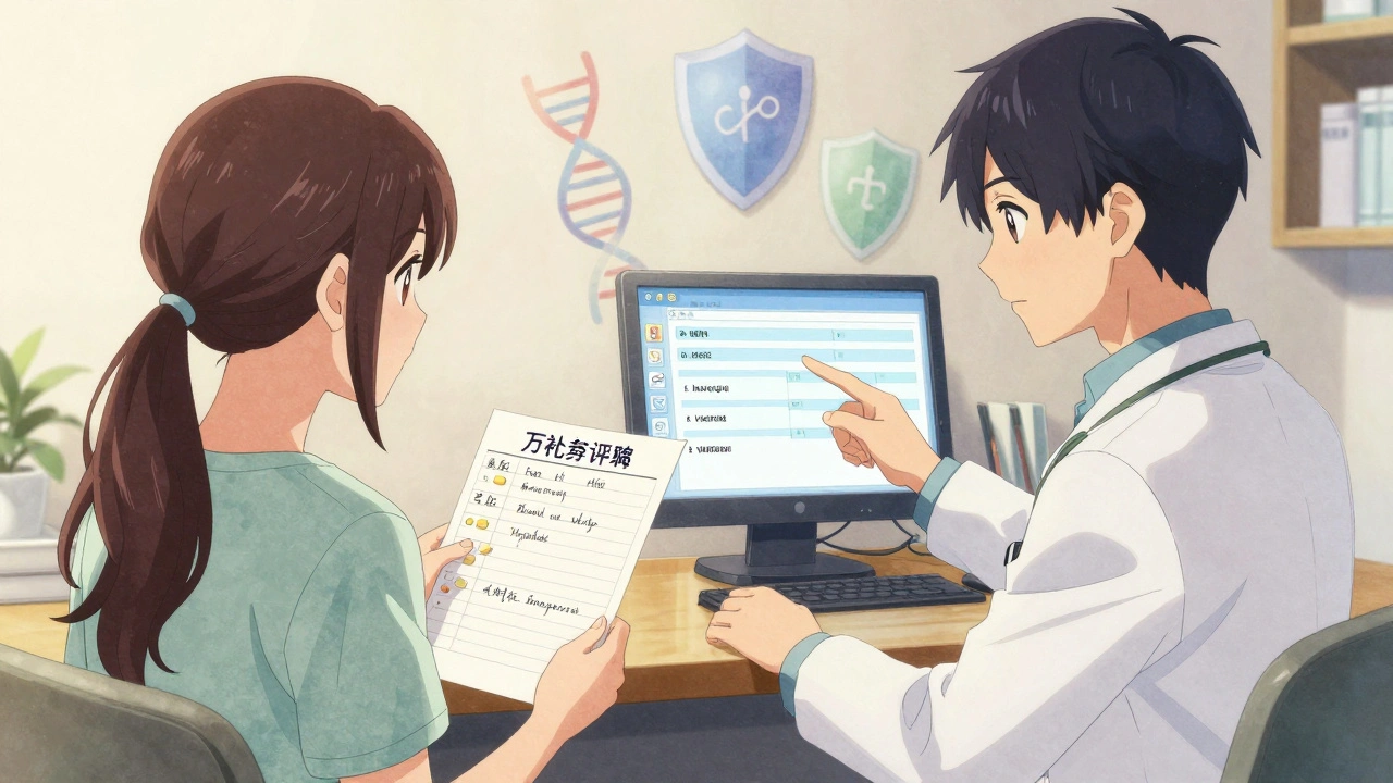 Médecin et patiente en consultation, discutant des alternatives médicamenteuses sûres avant la conception.