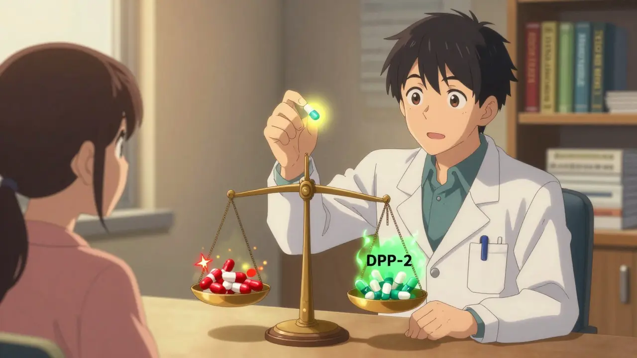 Médecin montre des alternatives plus sûres au diabète, balance entre médicaments risqués et sécurisés, style anime.