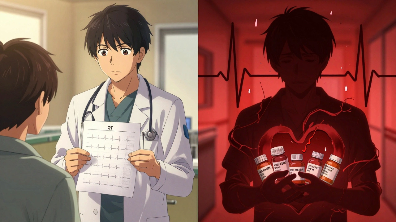 Médecin remettant un ECG normal à un patient, tandis qu&#039;une ombre menaçante se forme derrière lui.