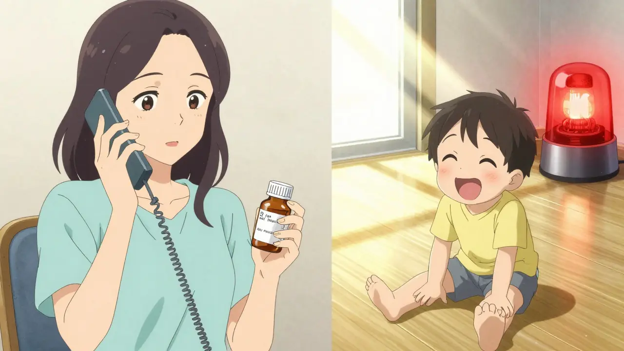 Mère au téléphone avec un centre antipoison, enfant joue en arrière-plan sous la lumière du soleil.