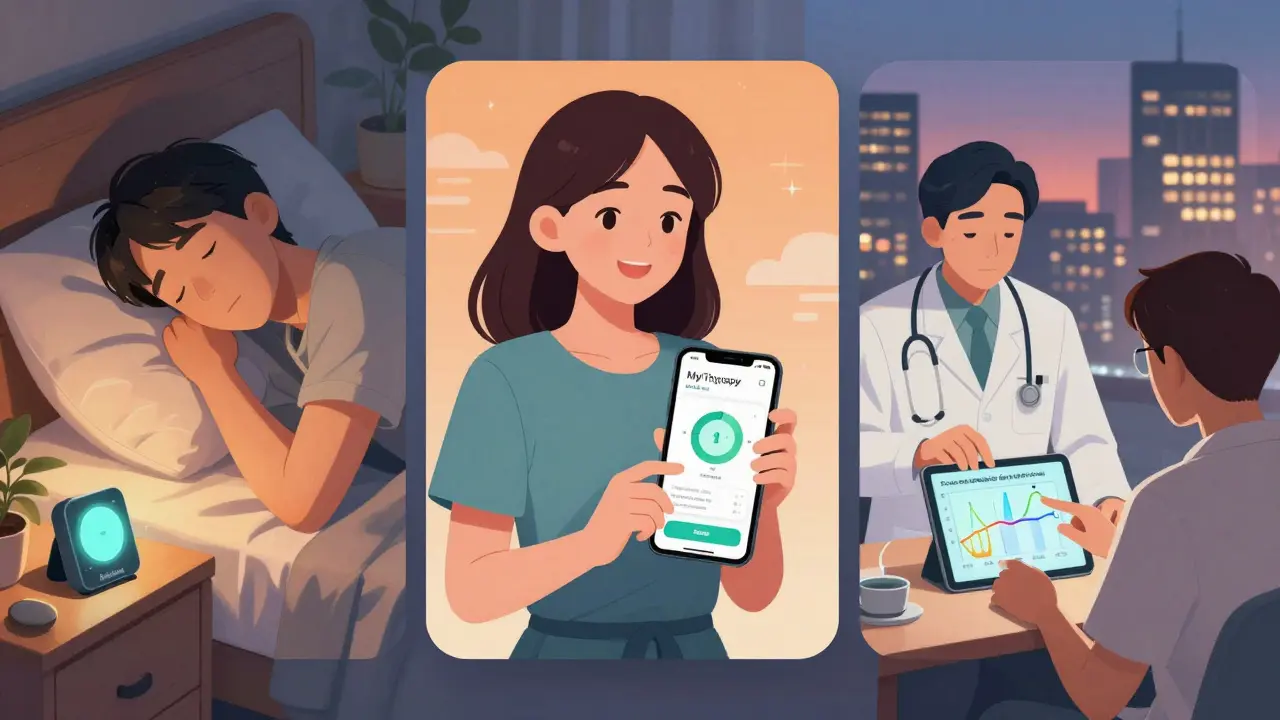 Montage de trois scènes : alarme médicale, application de santé et médecin analysant un graphe de symptômes.