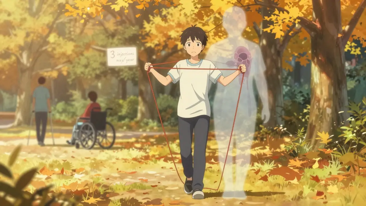 Patient en activité physique douce après injection, avec une ombre fantôme de cartilage endommagé en arrière-plan.