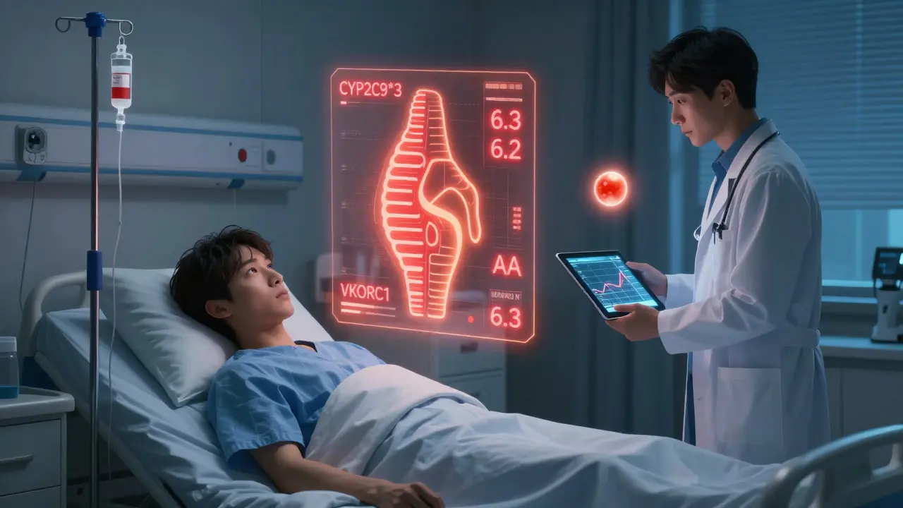 Patient hospitalisé avec un profil génétique holographique affichant des variants dangereux et un INR en hausse.