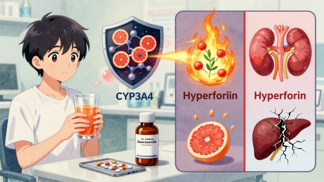 Patient tenant jus de pamplemousse et millepertuis, avec des forces moléculaires démontrant des interactions dangereuses avec un antiviral.