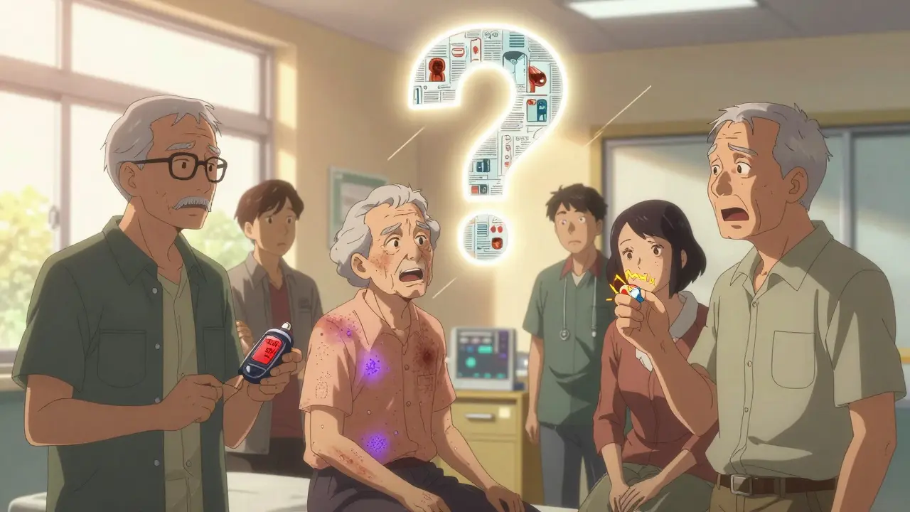 Patients âgés dans une clinique, certains avec des signes d'alerte médicale, lumière dorée et symboles flottants.