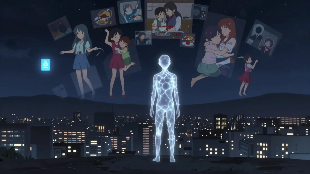 Personne isolée dans une ville nocturne, son corps translucide avec des réseaux nerveux clignotants, souvenirs flous derrière elle.