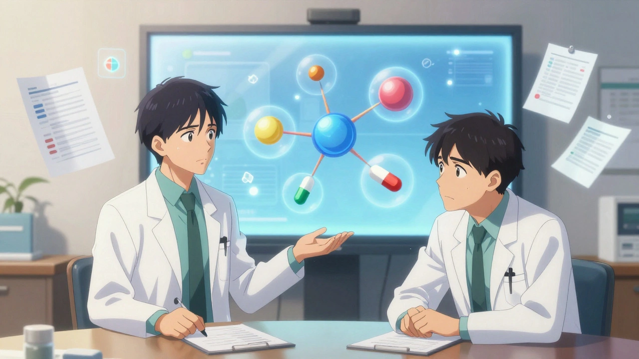 Pharmacien discute avec un médecin sur un écran affichant des interactions médicamenteuses.