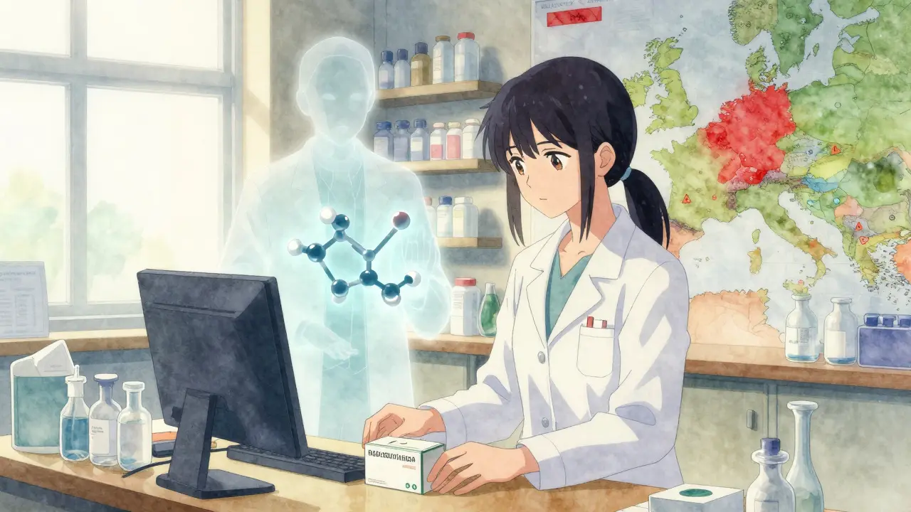 Pharmacien pose un générique tandis que des alertes réglementaires flottent en arrière-plan.