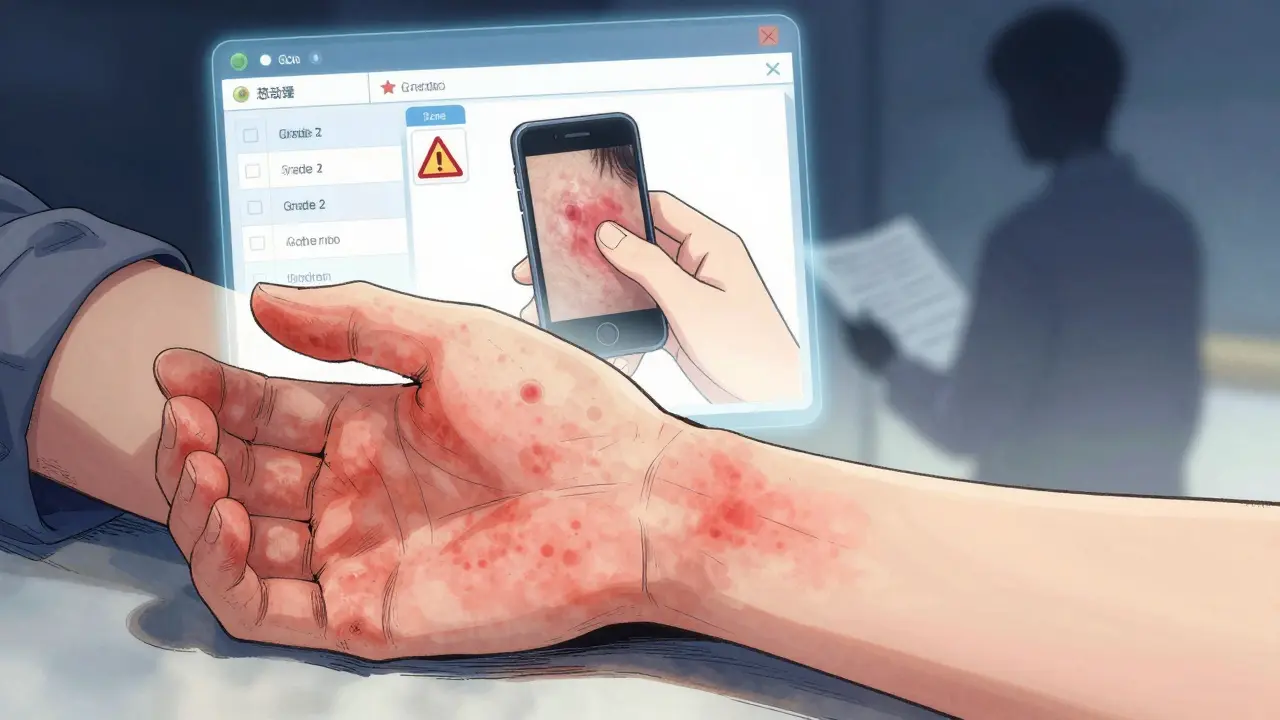 Rash cutané sur un bras avec une interface numérique flottante affichant des données de médicament et un avertissement.