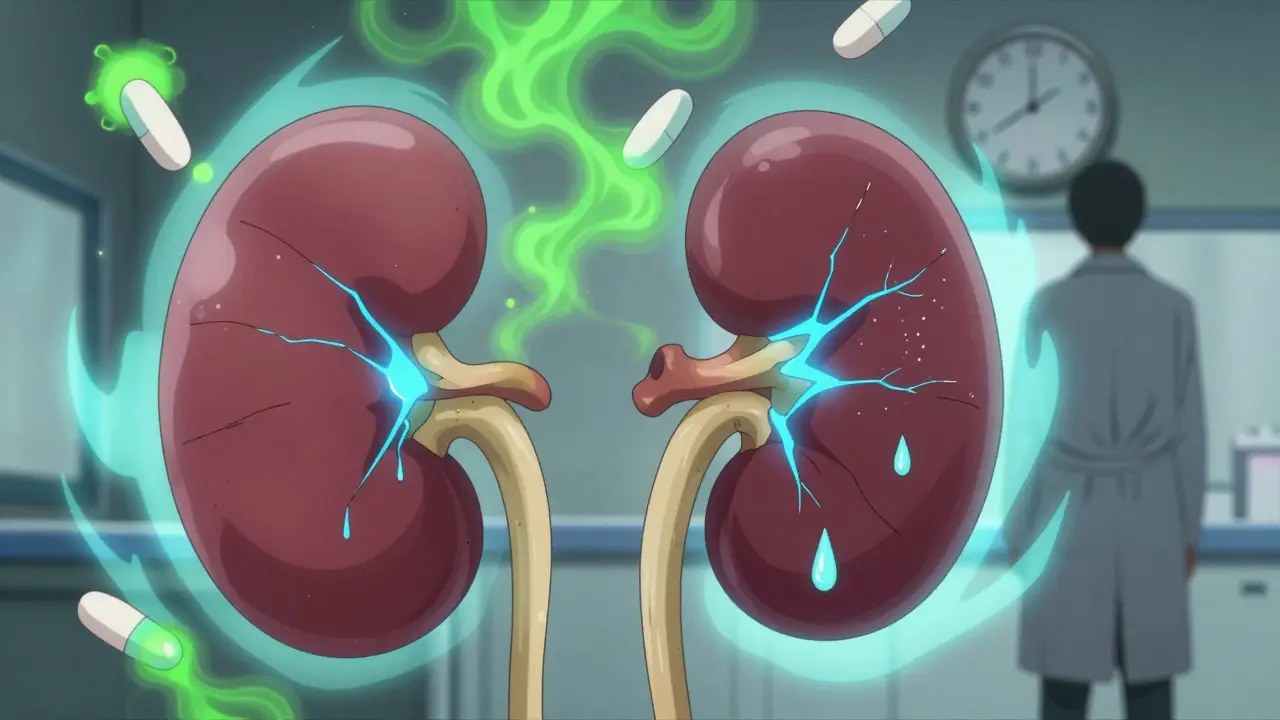 Rein endommagé avec des comprimés de metformine se dissolvant en une brume toxique, éclairage froid d'hôpital.