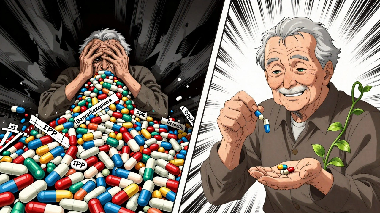 Scène divisée : à gauche, une montagne de pilules causant de l&#039;anxiété ; à droite, la même personne avec seulement trois pilules et des plantes qui symbolisent la vitalité retrouvée.