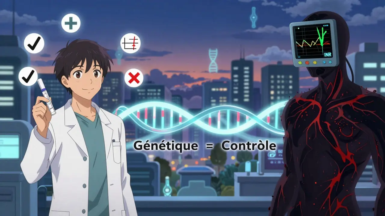 Scène divisée : patient sécurisé à gauche, risque de saignement à droite, reliés par un pont d'ADN lumineux.