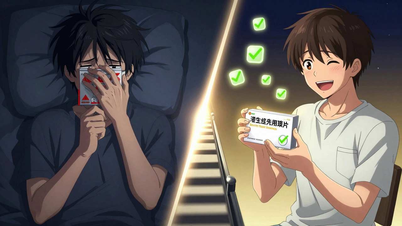 Scène divisée : un patient inquiet à gauche, serein à droite, relié par un pont de lumière et de données.