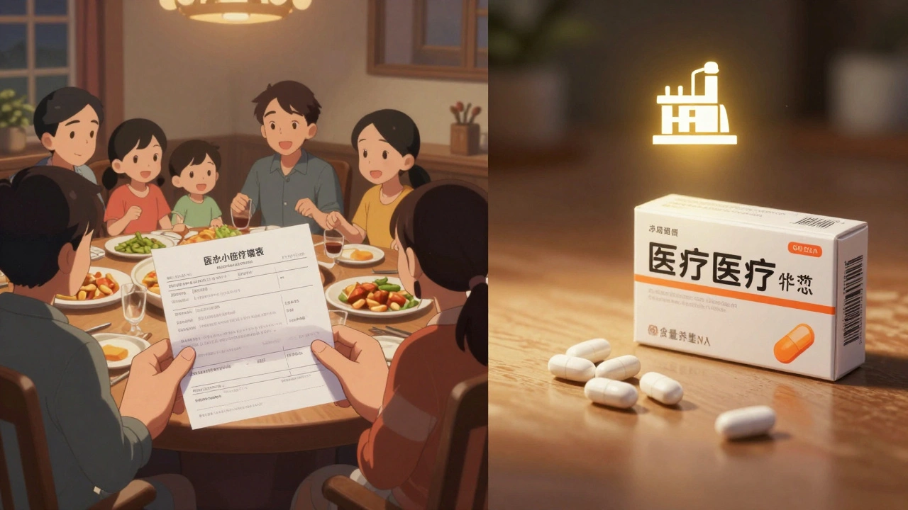 Scène divisée : une famille célèbre des économies sur une facture, tandis qu&#039;une pilule générique et de marque sont côte à côte.