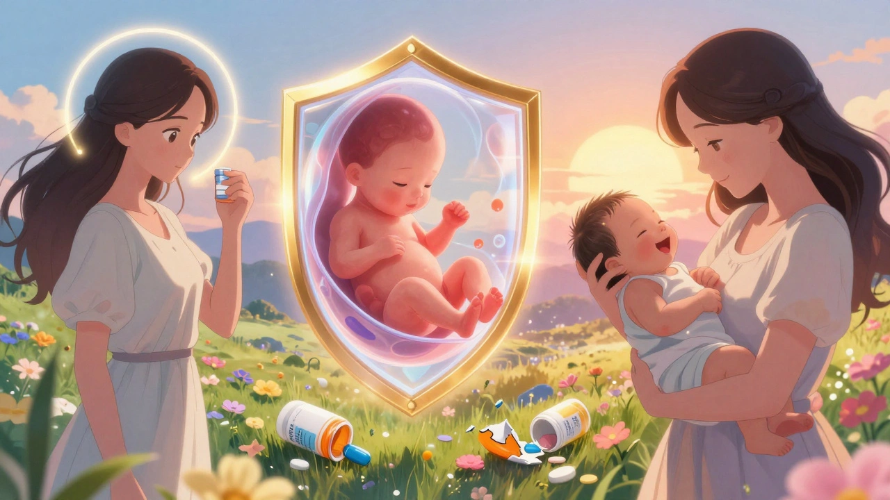 Timeline symbolique montrant une femme, un fœtus protégé et un bébé souriant sous un lever de soleil.