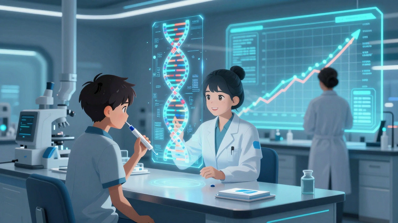 Un adolescent dans un laboratoire génétique, des données ADN flottent en hologramme, symbole d&#039;une médecine personnalisée.