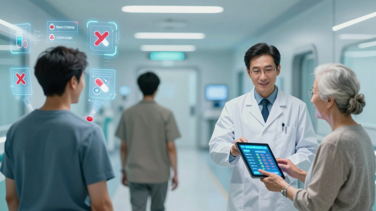 Un couloir hospitalier futuriste où des hologrammes indiquent les médicaments à arrêter, tandis qu&#039;un pharmacien consulte un couple âgé avec une tablette.