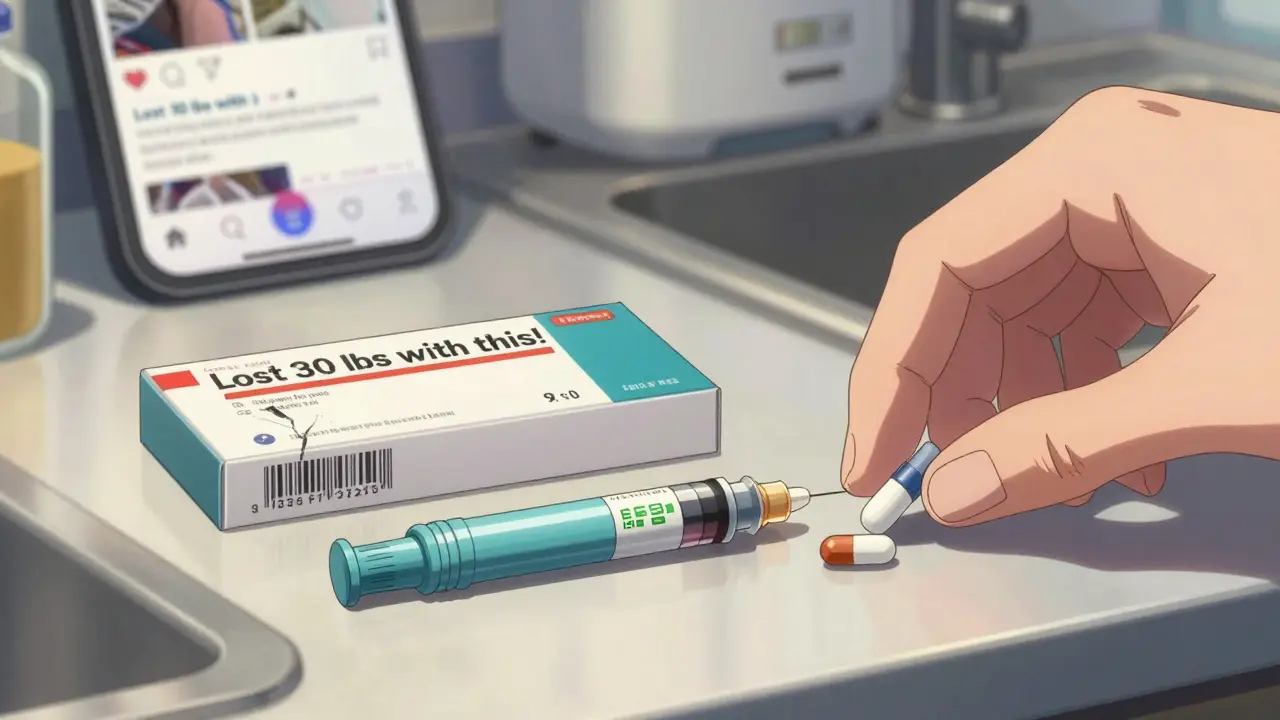 Un emballage de médicament contrefait à côté d’un stylo d’insuline légitime, avec une publicité fausse en arrière-plan.