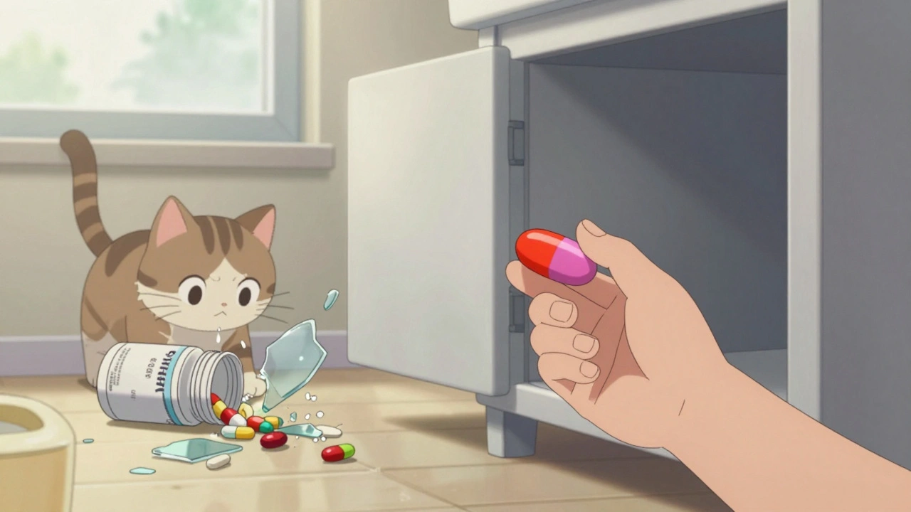 Un enfant prend une pilule colorée dans une armoire de salle de bain, un chat renverse un flacon d&#039;antibiotiques.