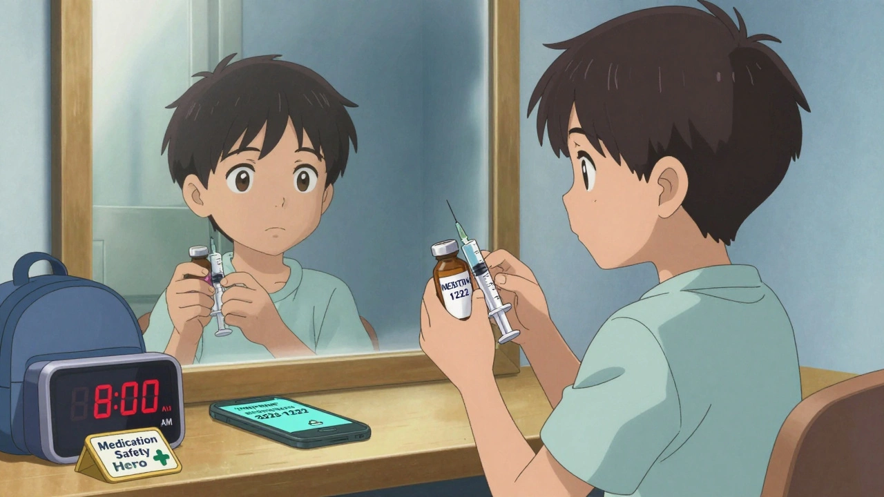 Un garçon de 8 ans utilise une seringue orale pour prendre son médicament, avec son nom sur la bouteille.