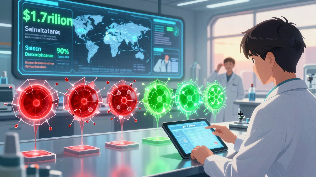 Un laboratoire de la FDA affiche des essais échoués et réussis en hologramme, avec des molécules alignées et un patient souriant.