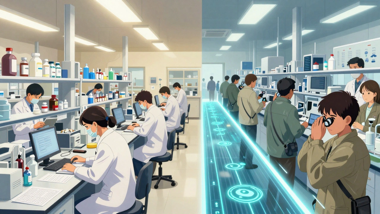 Un laboratoire international divisé en deux : États-Unis et Inde, connecté par des flux de données, dans un style anime Orange Studio.