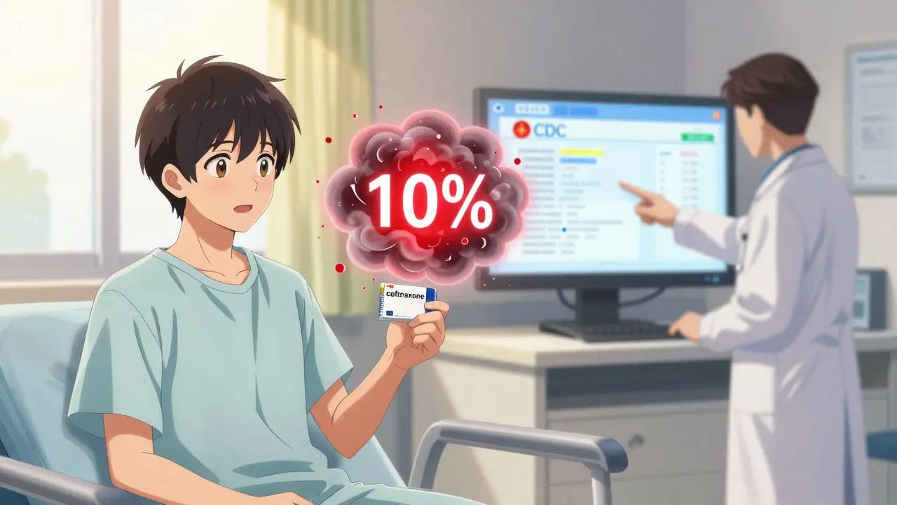 Un patient reçoit une céphalosporine tandis qu'une réaction allergique mythique se dissipe, avec des données du CDC en arrière-plan.