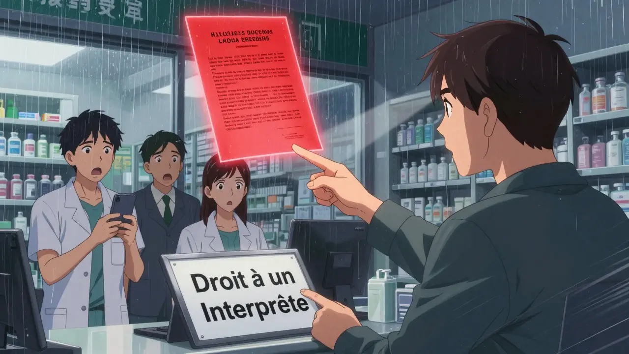 Un patient revendique son droit à un interprète dans une pharmacie, un document juridique flottant au-dessus d'eux en lumière dorée.