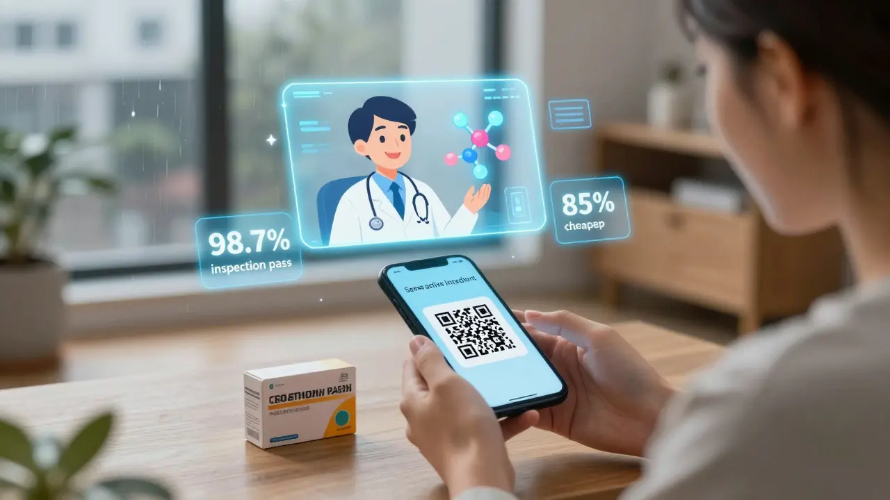 Un patient scanne un code QR sur une boîte de médicament générique, affichant une animation explicative.