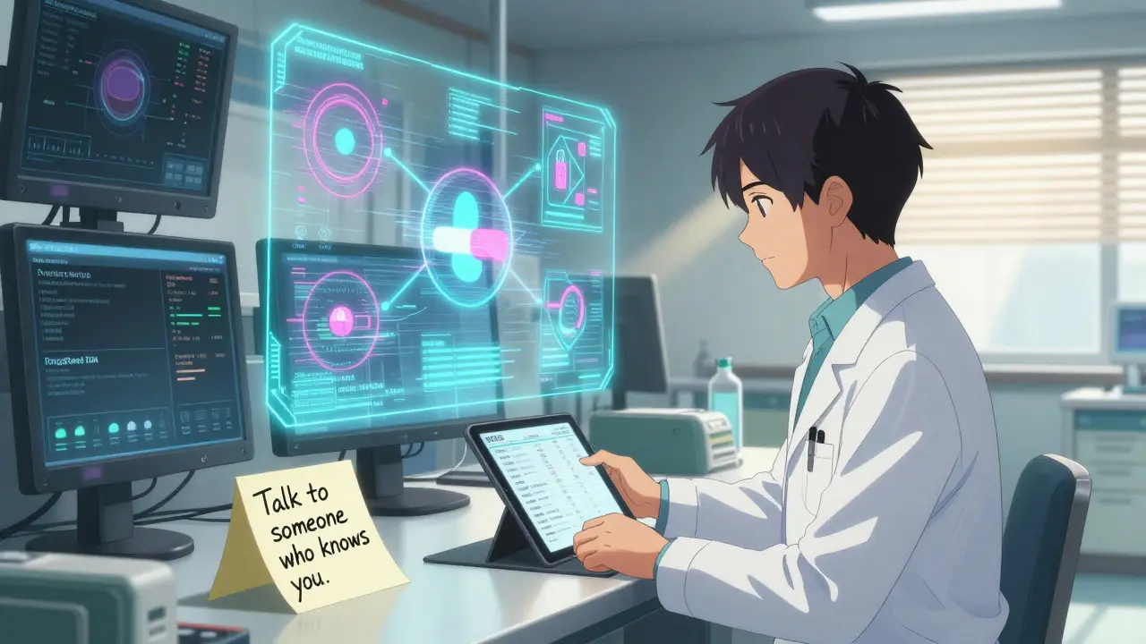 Un pharmacien examine une liste de médicaments dans un couloir hospitalier futuriste, avec des hologrammes d'interactions médicales qui clignotent.