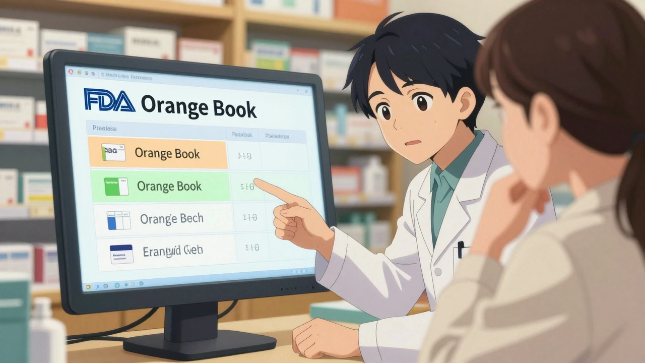 Un pharmacien montre l&#039;Orange Book de la FDA sur un écran, un patient observe attentivement les informations.