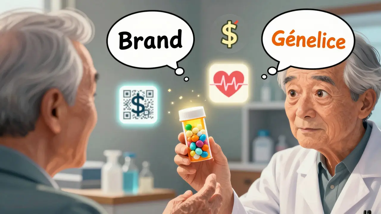 Un pharmacien remet une boîte de médicament générique à un patient, avec des bulles de pensée explicatives.