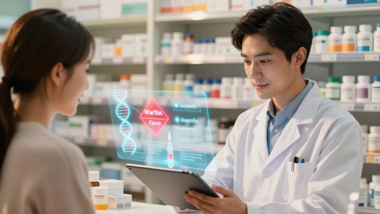 Un pharmacien vérifie les interactions médicamenteuses sur un écran holographique dans une pharmacie.