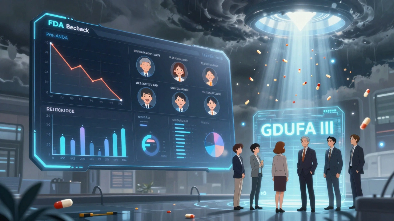 Un tableau de bord futuriste de la FDA affichant des données en temps réel, avec des pilules qui tombent comme des confettis, dans un style anime Orange Studio.