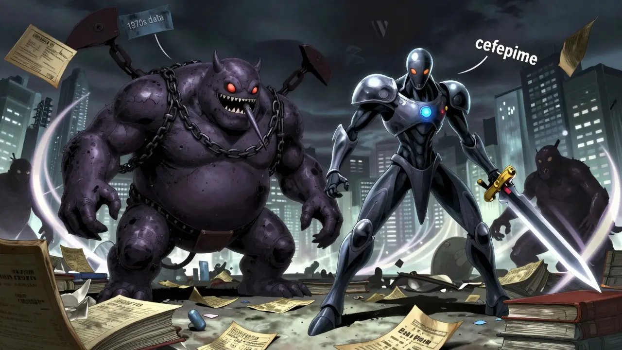 Une bataille symbolique entre un antibiotique obsolète et une céphalosporine moderne, détruisant des étiquettes périmées.