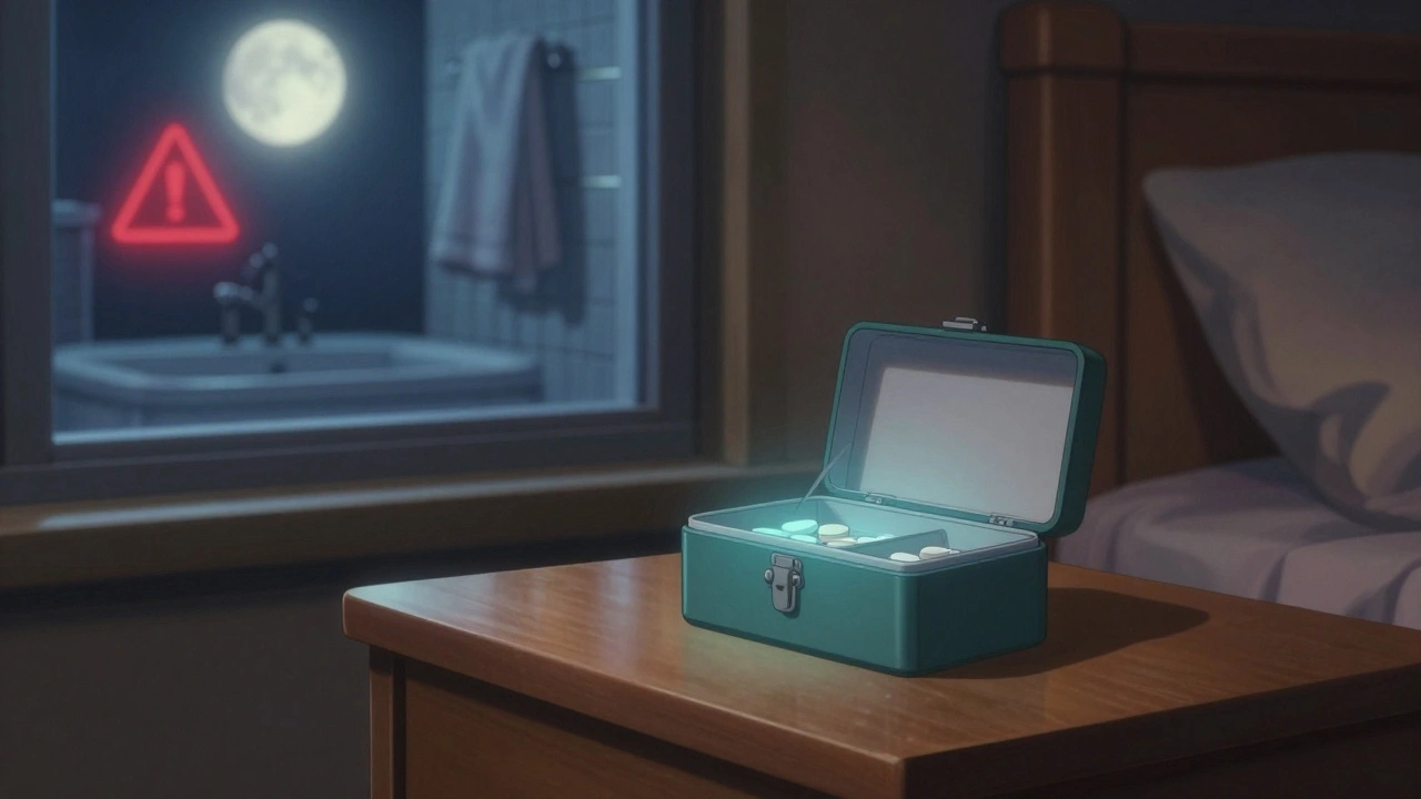 Une boîte de médicaments sécurisée sur une table de nuit, contrastant avec une salle de bain éclairée en rouge au loin.